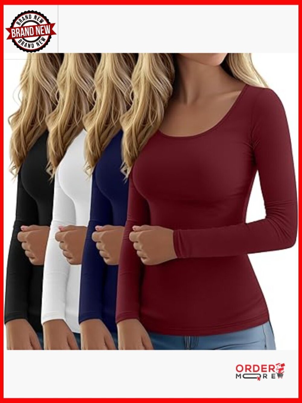 4 Pack Long Sleeve Scoop Neck T Shirts Slim Fit Basic Tees